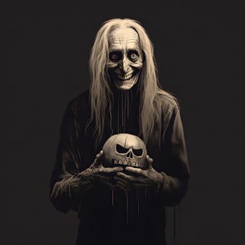 A creepy portrait of a man with a scary smile holding a skull-shaped pumpkin. The image evokes a sense of fear and dread, perfect for Halloween.