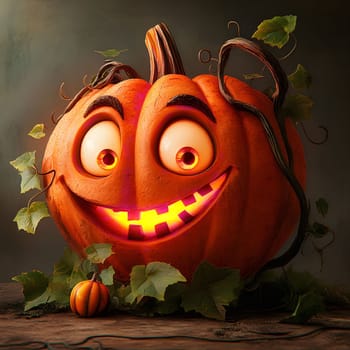 A happy pumpkin with a big smile and glowing eyes, surrounded by leaves and vines, with a small pumpkin in the foreground. It's a playful and cheerful take on the traditional Halloween icon.