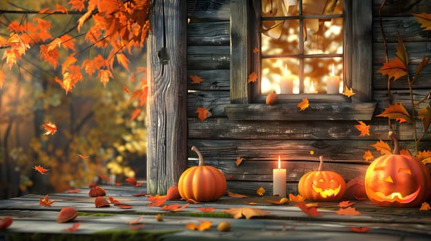 A rustic cabin decorated for Halloween with jack-o'-lanterns and candles on the porch, surrounded by autumn leaves