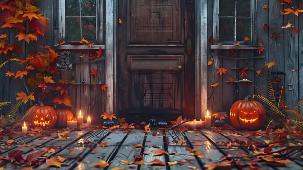 A spooky Halloween porch with carved pumpkins, candles and fall leaves.