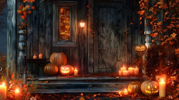 Spooky Halloween porch with pumpkins and candles in front of a wooden door.