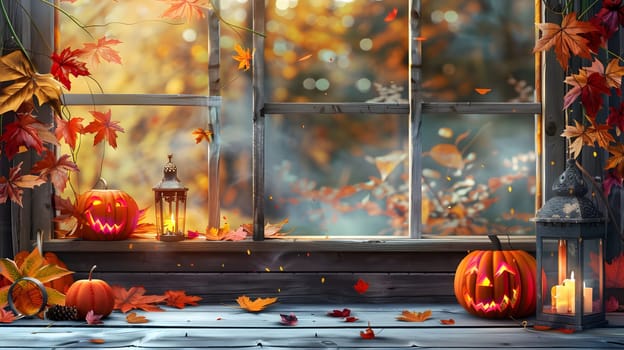 Jack-o-lantern and lantern on windowsill with fall leaves.