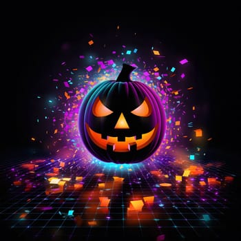 A glowing jack-o'-lantern sits in the center of a dark, retro background. The pumpkin is brightly lit, with a glowing face that is both spooky and festive.