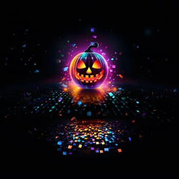 A glowing jack-o-lantern with confetti falling on a dark background.