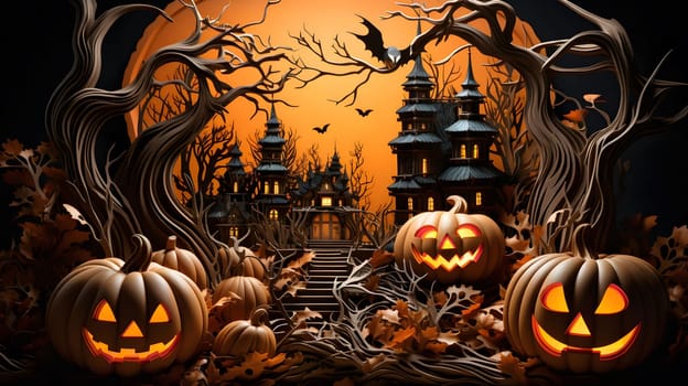 A group of jack-o'-lanterns glows in front of a spooky house on Halloween night.