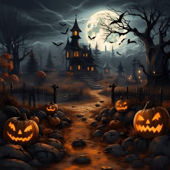 A spooky Halloween path with jack-o-lanterns leading to a haunted house in the distance.