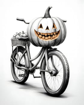 A charming illustration of a bicycle with a jack-o-lantern pumpkin as its head, pumpkins in the basket, and a white background.