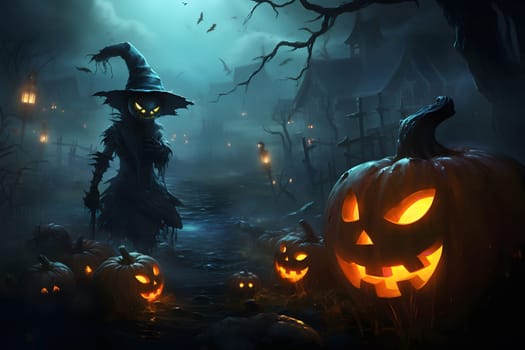 A spooky Halloween scene with a mysterious figure standing in the middle of a fog-filled forest path, surrounded by jack-o-lanterns and a spooky atmosphere.