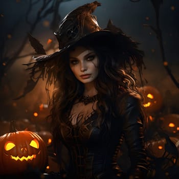 A captivating portrait of a mysterious witch with a haunting aura, she stands amongst the shadows casting a spell with a knowing gaze. The magical glow from the pumpkins adds to the enchanting atmosphere.