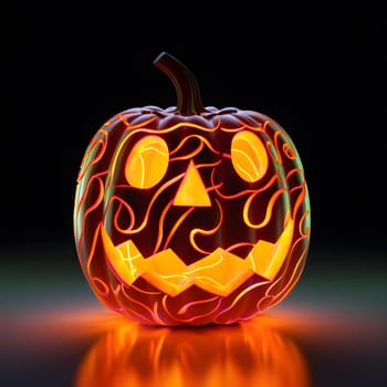 A glowing carved pumpkin with a spooky face. The dark background and the light coming from the pumpkin create a festive Halloween atmosphere.