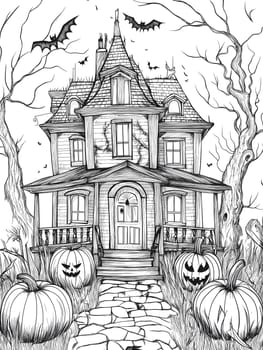 A black and white illustration of a spooky, haunted house with pumpkins, bats and trees.