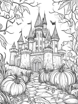 A black and white illustration of a majestic castle with pumpkins surrounding it. The castle is in a gothic style with many towers and windows. The path leading to the gate is made of cobblestones and is framed by leaves and vines.