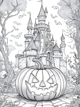 A spooky Halloween scene featuring a jack-o-lantern in front of a large, detailed castle. The pumpkin is carved with a spooky grin, and bats fly overhead.