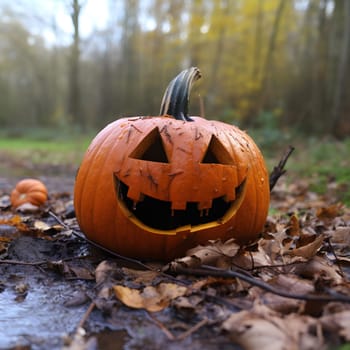 A carved pumpkin with a toothy grin sits on the forest floor, surrounded by autumn leaves, hinting at the spooky spirit of Halloween.