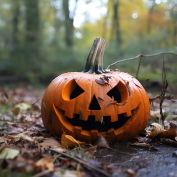 A jack-o-lantern with a carved face sits in a pile of autumn leaves in the forest. The pumpkin is a traditional Halloween decoration, symbolizing the holiday and bringing a spooky atmosphere to the scene.