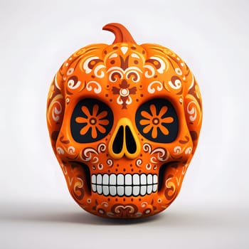 A close-up view of a decorated pumpkin, styled to look like a sugar skull. The orange pumpkin is decorated with intricate white patterns. The pumpkin's eyes and nose are black, while the mouth is white.