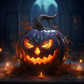 A spooky Halloween pumpkin with a carved face and glowing eyes. The pumpkin is surrounded by leaves and candles, creating a mystical atmosphere.