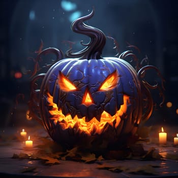 A spooky Halloween pumpkin with a scary grin and glowing eyes, surrounded by fallen leaves and lit by candles.