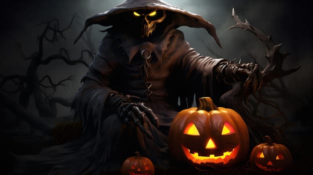 A grim reaper sits amidst a spooky forest with jack-o'-lanterns, setting a spooky and eerie mood for Halloween.