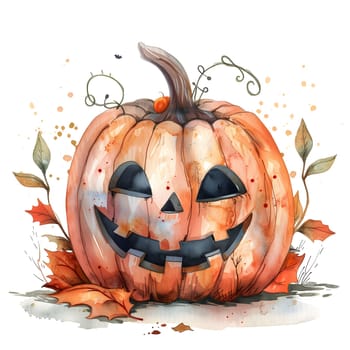 A watercolor painting of a jack-o-lantern with a spooky grin and details.