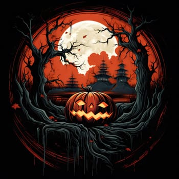 A jack-o-lantern sits in front of a spooky forest with a full moon shining in the sky. The scene is set against a dark, nighttime backdrop, emphasizing the Halloween atmosphere.