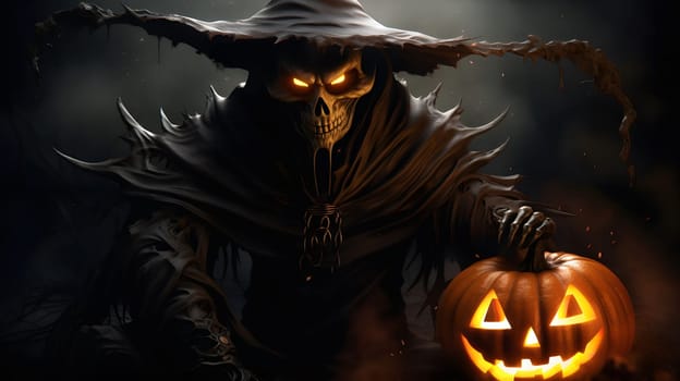 A dark and spooky Halloween image depicting a skeletal reaper holding a glowing jack-o'-lantern.