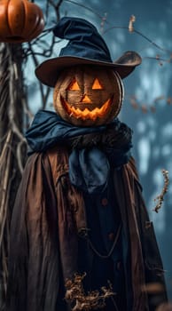 A jack-o-lantern with a wizard's hat and glowing eyes stands in a mysterious forest.