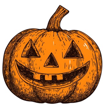 Hand-drawn illustration of a jack-o-lantern pumpkin with a smiling face, perfect for Halloween decorations or designs.