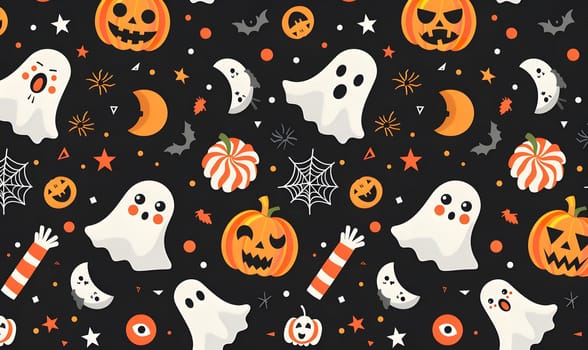 Spooky Halloween background with cute pumpkins and ghosts