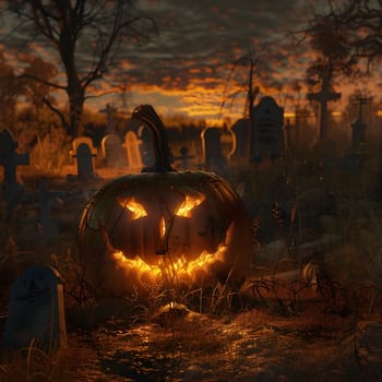 A glowing jack-o-lantern sits in a graveyard, adding to the spooky atmosphere of Halloween night.