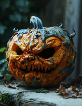 A close-up shot of a carved pumpkin with a spooky grin, lit from within, against a dark rustic background with leaves.