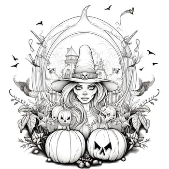 A hand-drawn illustration of a beautiful witch with a pointed hat and a spooky background. She is surrounded by bats, pumpkins, and a skull, while a creepy old castle looms in the distance.