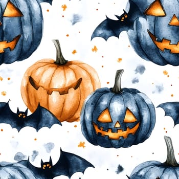 Watercolor painting of pumpkins with scary faces and bats flying around them, perfect for Halloween. This artwork is perfect for your digital and printed projects.