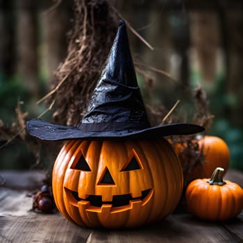 A Jack-O-Lantern wearing a witch hat and grinning, set against a rustic fall backdrop. The pumpkin is carved with a spooky face and is surrounded by autumn leaves and other Halloween decorations.