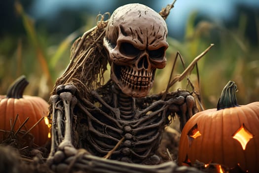 A spooky skeleton sits among pumpkins. This image captures the eerie spirit of Halloween.