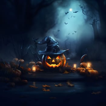 A jack-o'-lantern wearing a witch's hat glows ominously in a dark forest, with fallen leaves scattered around and candles casting a flickering light.