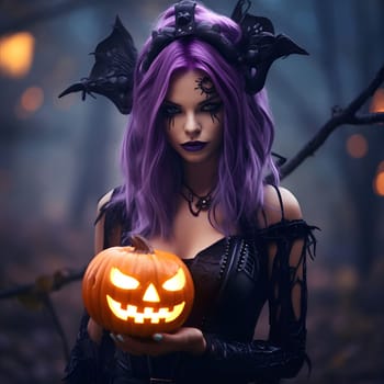 A mysterious woman dressed as a witch for halloween, with purple hair and a black costume, holding a lit jack-o'-lantern.