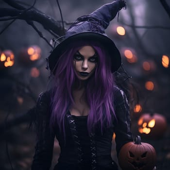 A woman dressed as a witch, complete with a pointed hat and dark purple hair, stands in a dimly lit forest with a Jack-o-lantern. She has dark makeup on her face and a sinister smile. The image is mysterious and eerie, suggesting that something magical or sinister is about to happen.