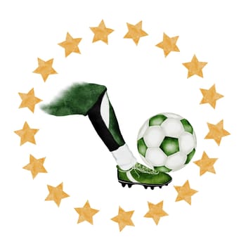Football game watercolor. Hand drawn composition of football player's leg, soccer ball in a frame of stars . Clip art of sports illustration on isolated white background. Ideal for advertising flyers, posters and match tickets. High quality illustration