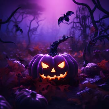 A glowing jack-o-lantern in a spooky dark forest under a magical purple night sky.