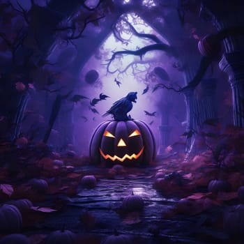 A glowing jack-o'-lantern sits atop a stone pedestal, nestled amidst a spooky, fog-filled forest. The scene is filled with dark shadows and swirling branches, creating an eerie and magical atmosphere.