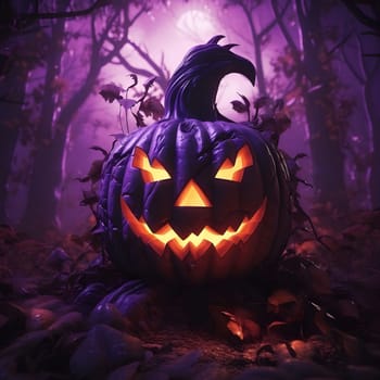 A jack-o'-lantern with a sinister grin sits in a dark and foggy forest, bathed in the eerie glow of the moon.