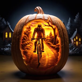 A close-up of a carved pumpkin with a spooky cyclist inside, illuminated from within creating a glowing and eerie scene