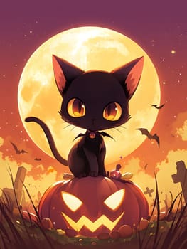 A cute black cat with yellow eyes sits on a glowing jack-o-lantern pumpkin in a spooky graveyard setting under a full moon.