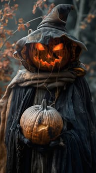 Spooky jack-o-lantern in a dark forest, giving eerie vibes for Halloween
