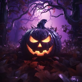 A spooky Halloween pumpkin with a menacing grin is illuminated in a dark, shadowy forest.