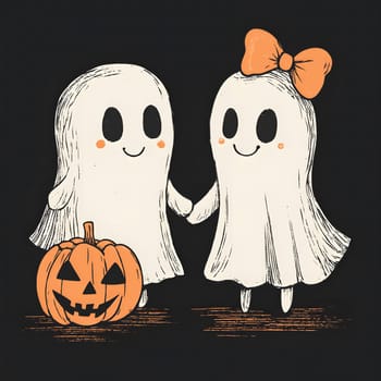 Two cute cartoon ghosts, one with a bow, holding hands with a jack-o'-lantern in front of them.