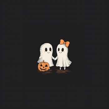 Two cute cartoon ghosts in a playful pose with a pumpkin. Halloween holiday illustration