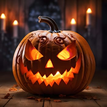 A glowing jack-o'-lantern with a spooky grin sits on a wooden surface.