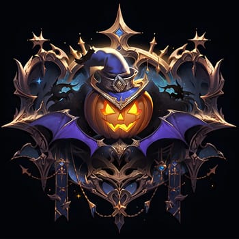 A digital illustration of a carved pumpkin wearing a crown, set against a dark background with intricate details and a gothic style.